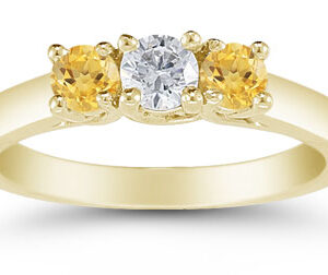 Three Stone Diamond and Citrine Ring, 14K Gold