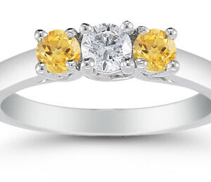 Three Stone Diamond and Citrine Ring, 14K White Gold