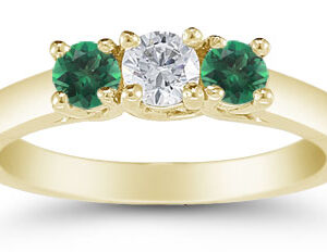 Three Stone Diamond and Emerald Ring, 14K Gold