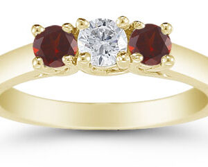 Three Stone Diamond and Garnet Ring, 14K Gold