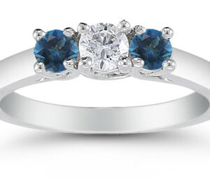 Three Stone Diamond and London Blue Topaz Ring, 14K White Gold