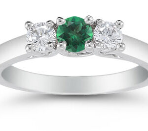 Three Stone Emerald and Diamond Ring, 14K White Gold