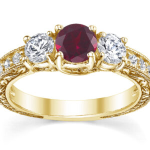 Three-Stone Ruby and Diamond Floral-Etched Engagement Ring, 14K Yellow Gold