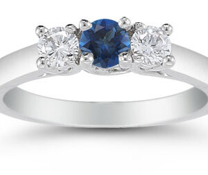 Three Stone Sapphire and Diamond Ring, 14K White Gold