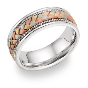 Tri-Color Braided Wedding Band in 18K White Gold