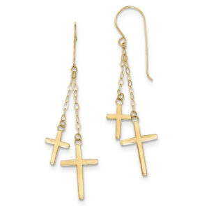 Two Crosses Dangle Earrings, 14K Gold