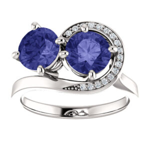 Two Stone Tanzanite and Diamond "Only Us" Swirl Design Ring in 14K White Gold