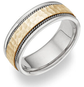 Two-Tone Brushed Hammered Wedding Band Ring in 14K Gold
