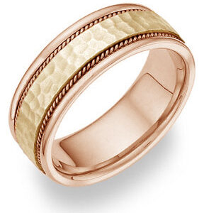 Two-Tone Hammered Wedding Band Ring - 14K Gold