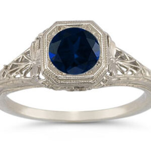 Victorian-Era Style Filigree Sapphire Ring in 14K White Gold