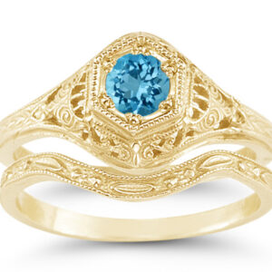 Victorian-Era Swiss Blue Topaz Wedding and Engagement Bridal Ring Set, 14K Yellow Gold
