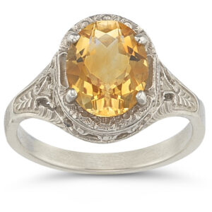 Victorian Floral Oval Citrine Ring in 14K White Gold
