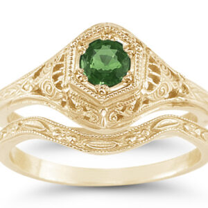 Victorian-Period Antique-Style Emerald Wedding and Engagement Ring Set, 14K Yellow Gold