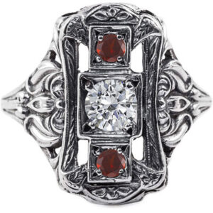 Victorian Style Ruby and Diamond Three Stone Vintage Ring, Sterling Silver