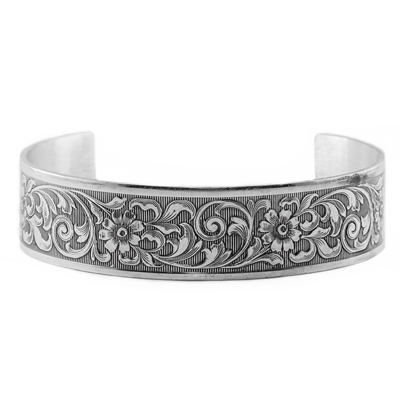 Victorian-Style Vintage Floral Cuff Bangle Bracelet in Sterling Silver