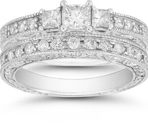Vintage Cubic Zirconia Bridal Ring Set 14K White Gold