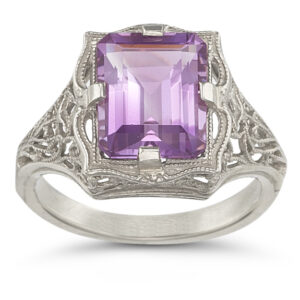 Vintage Emerald-Cut Amethyst Ring in 14K White Gold