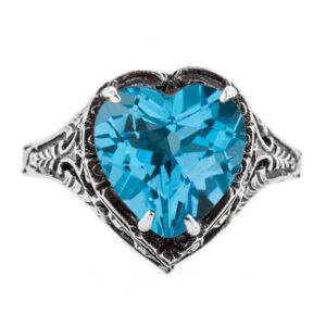 Vintage Filigree Blue Topaz Heart Ring in 14K White Gold