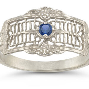 Vintage Filigree Sapphire Ring in 14K White Gold