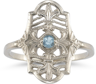 Vintage Fleur-de-Lis Aquamarine Ring in 14K White Gold