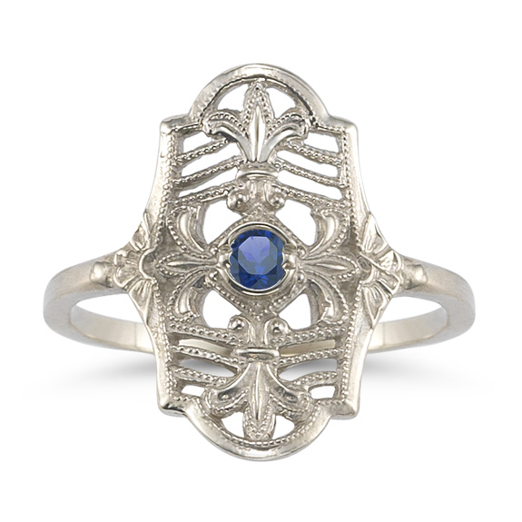 Vintage Fleur-de-Lis Sapphire Ring in 14K White Gold