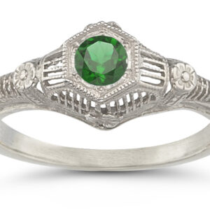Vintage Floral Emerald Ring in 14K White Gold