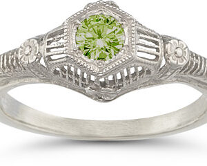 Vintage Floral Peridot Ring in 14K White Gold