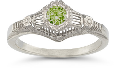 Vintage Floral Peridot Ring in 14K White Gold