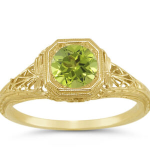 Vintage-Style Filigree Light Green Peridot Ring in 14K Yellow Gold