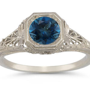 Vintage-Style Filigree London Blue Topaz Ring in 14K White Gold
