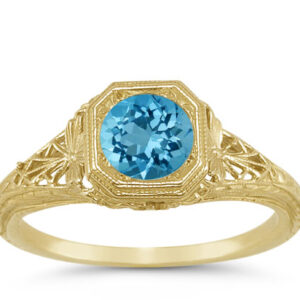 Vintage Style Filigree Swiss Blue Topaz Ring in 14K Yellow Gold