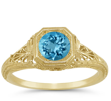 Vintage Style Filigree Swiss Blue Topaz Ring in 14K Yellow Gold