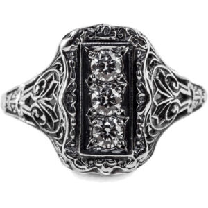 Vintage Style Three Stone Diamond Ring in 14K White Gold