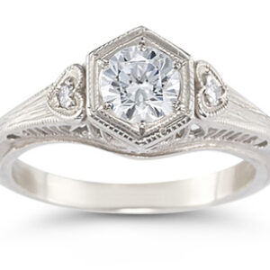 Vintage White Topaz and Heart Diamond Ring, 14K White Gold