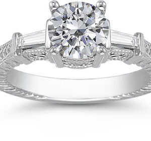 White Topaz and Baguette Diamond Engraved Engagement Ring, 14K White Gold