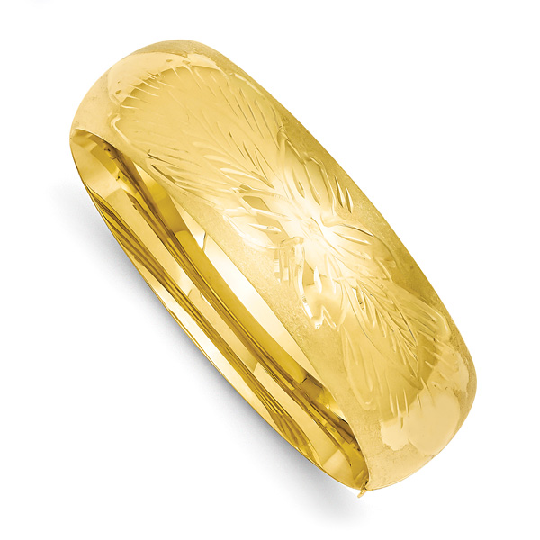 Wide Florentine Engraved Hinged Bangle Bracelet, 14K Gold