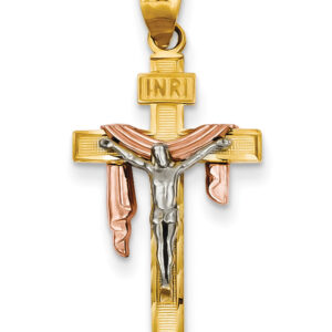 Women's 14K Tri-Color Gold INRI Draped Crucifix Necklace