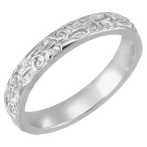Women's Carved Flower Wedding Band Ring, 14K White Gold