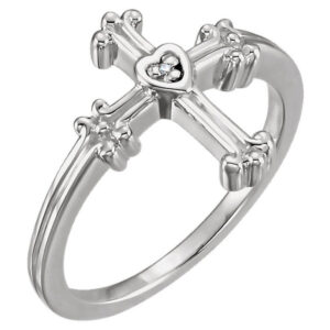 Women's Diamond Cross Ring with Small Heart Center, 14K White Gold