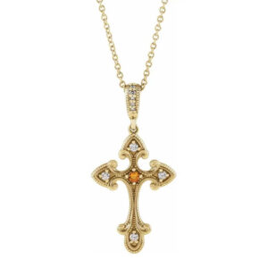 antique-style citrine and diamond cross necklace 14k gold