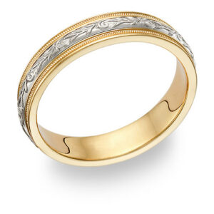 carved paisley 4mm wedding band in 14k two tone gold