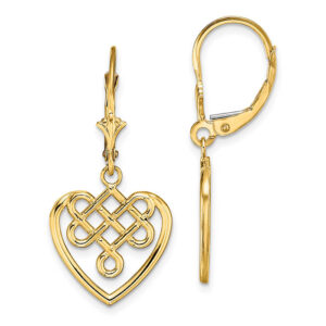 celtic heart knot leverback earrings 14k gold