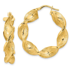 large 1 11/16" greek key satin twisted hoop earrings 14k gold