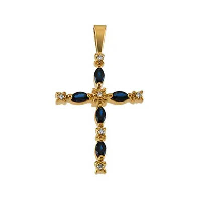 marquise blue sapphire and diamond cross pendant 14k gold