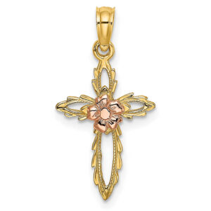 small floral rose 14k gold cross pendant for women