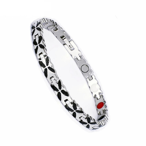 8" Inch - Magnetic Stainless Steel Bracelet Womens - Black and Silver Tone Women's Stainless Steel Magnetic Bracelet with magnets, far infrared, germanium and negative Ion technology)