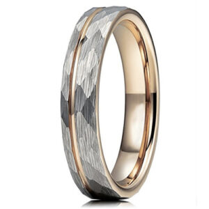 4mm - Unisex or Women's Tungsten Wedding Band. Hammered Brushed Silver Tungsten Ring with Rose Gold Interior and Stripe Design