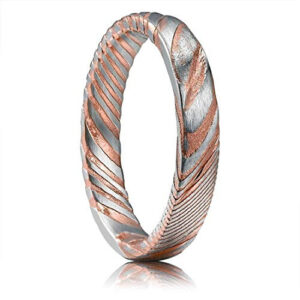 4mm - Women's Damascus Steel Ring Wedding Band. Rose Gold and Silver Tone Grooved with Domed Top and Light Weight.