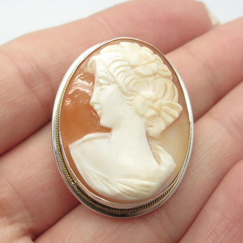 800 Silver / Gold Antique Real Mother-of-Pearl Lady Cameo Pin Brooch / Pendant