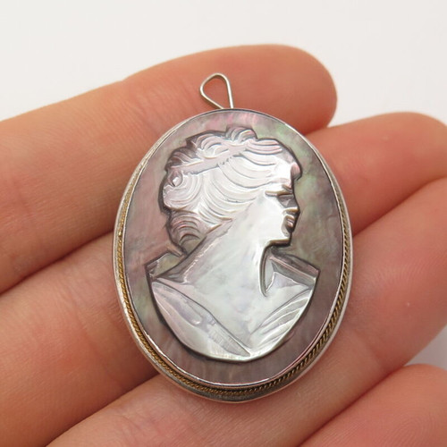 800 Silver & Gold Vintage Mother-of-Pearl Cameo Victorian Lady Brooch / Pendant